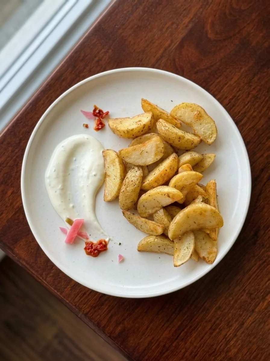 Crispy potato wedges with garlic sauce at Empire Shawarma Calgary NW